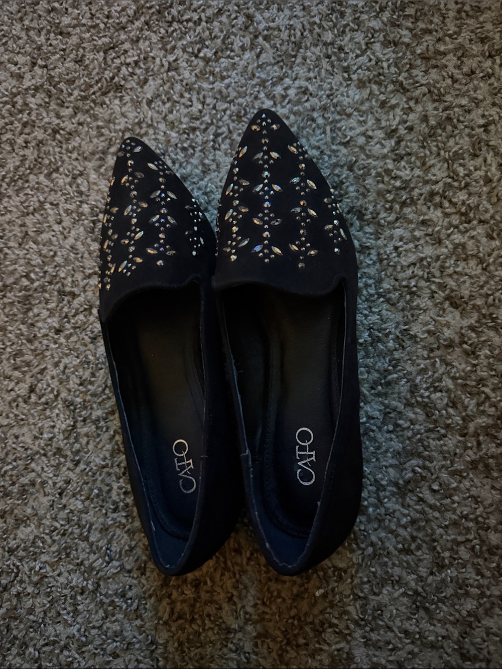 Cato Black Pointed Toe Flats with Iridescent Crystal Accents